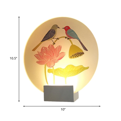 Chinese LED Mural Light White Birds and Lotus Painting Wall Mounted Lighting with Acrylic Shade