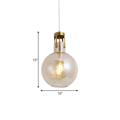 Cognac Glass Globe Pendulum Light Minimalist 1 Bulb Brass Pendant Lighting for Bedside