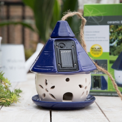 Countryside House Ceramic Pendulum Light Solar Operated LED Pendant Lamp in Blue for Garden