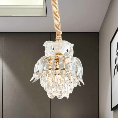 Crystal Block Layered Suspension Light Traditional 1-Bulb Corridor Ceiling Pendant Lamp in Gold