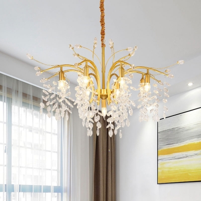 Crystal Foliage Chandelier Lighting Postmodern 9 Lights Living Room Hanging Pendant in Gold