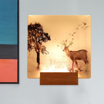 Deer and Tree Painting Square Mural Light Asian Acrylic LED Brown Flush Wall Sconce Light Fixture