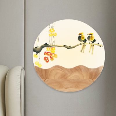 Disc Shaped Bedside LED Wall Mount Lamp Acrylic Chinese Mountain-River/Bird-Branch Mural Light Fixture in Wood