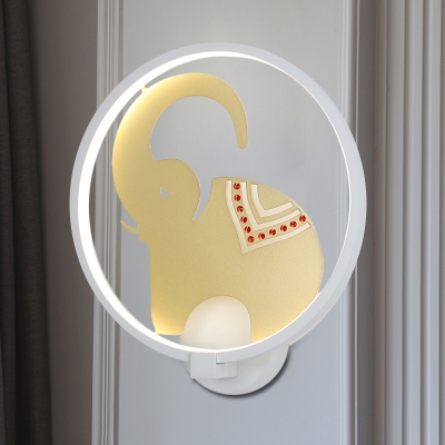 Elephant and Ring Wall Mural Lamp Asia Style Metallic LED Bedroom Wall Light Sconce in White and Gold/White and Red, White/Warm Light