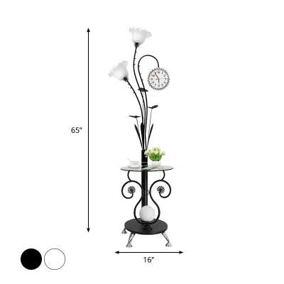 Floral Shade Milky Glass Stand Up Lamp Country LED Parlour Tree Floor Light with Table Design in White/Black