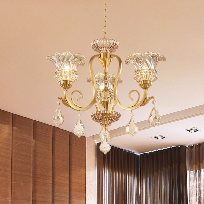 Flower Crystal Hanging Light Kit 3-Light Living Room Chandelier Lamp Fixture in Gold