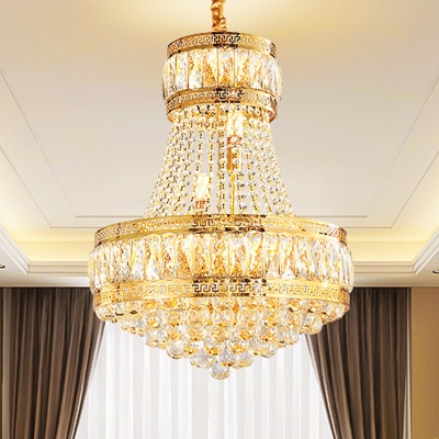 Gold 2-Tier Round Suspension Light Traditional Faceted Crystal 8 Lights Drawing Room Chandelier