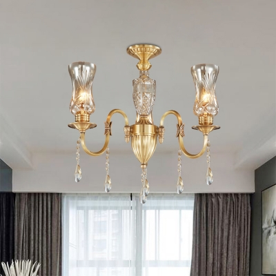 Gold Gooseneck Arm Hanging Chandelier Traditional Metal 3-Bulb Living Room Crystal Pendant