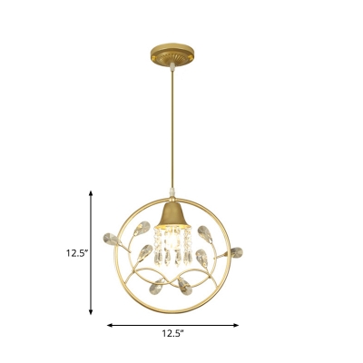 Gold Hoop Down Lighting Pendant Postmodern Crystal 1 Bulb Porch Hanging Light Kit with Flower/Bird Decor