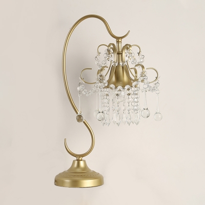 Gold Scroll Table Light Traditional Metal 1 Bulb Bedroom Night Lamp with Crystal Fringe