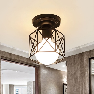 Hexagon Cage Iron Ceiling Flush Industrial Style 1-Light Black Finish Flush Mounted Lamp