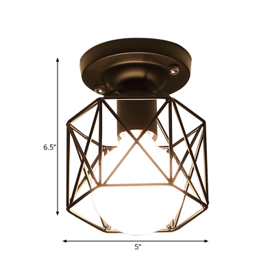 Hexagon Cage Iron Ceiling Flush Industrial Style 1-Light Black Finish Flush Mounted Lamp