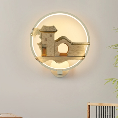 House Patterned Sconce Lighting Asian Metallic White/Black Ring LED Wall Mural Lamp for Living Room