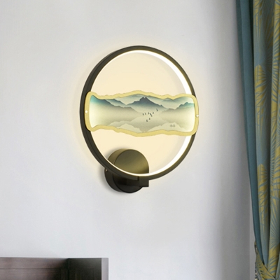Metal Hoop Sconce Lighting Asian LED Mountain Wall Mural Lamp Fixture in Black for Bedside, White/Warm Light