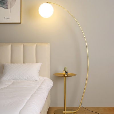 Minimalist Arched Metal Floor Lamp 1 Bulb Standing Light in Gold with Tray and Sphere Cream Glass Shade