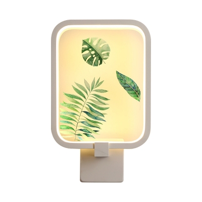 Minimalist Rectangle Wall Mural Light Metal LED Corridor Wall Lamp Fixture with Leaf Pattern in White