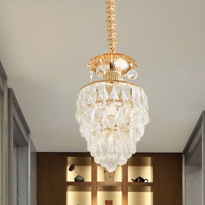 Modernist Tapered Ceiling Hang Fixture Clear Faceted Crystal 1 Head Dining Room Pendant in Gold