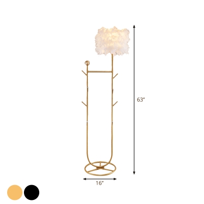 Postmodern Drum Feather Floor Lamp 1-Light Floor Standing Light with Clothe Rack in Black/Gold