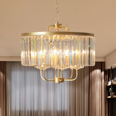 Rectangle-Cut Crystal Gold Pendulum Light Drum 6-Light Modernist Chandelier Lamp Fixture