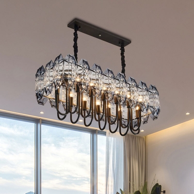 Rectangular Cut Crystal Island Lamp Modernism 14-Light Dining Table Suspended Lighting Fixture in Black