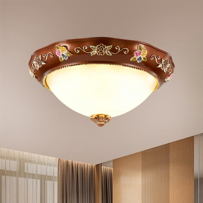 Red Brown Dome Flush Lamp Fixture Countryside White Glass 3 Heads Bedroom Close to Ceiling Lighting, 11