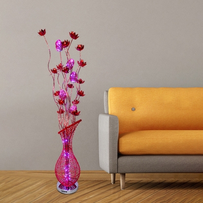 Red Finish LED Floor Standing Lamp Art Deco Aluminum Wire Lotus and Vase Stand Up Light