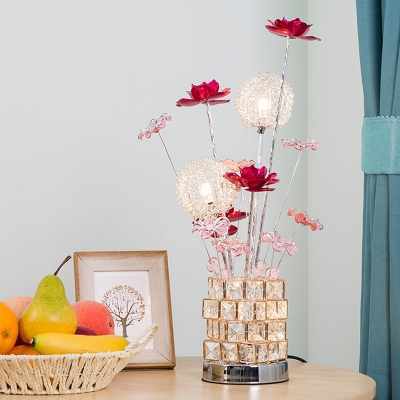 Red/Pink Finish Ball Shade Table Lighting Art Deco Aluminum Wire LED Parlour Flower Desk Lamp with Cuboid Crystal Block Base
