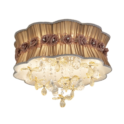 Scalloped Drum Flush Mount Lighting Modernist Plated Fabric 6-Light Pink/Coffee Flush Lamp with Flower Crystal Droplet