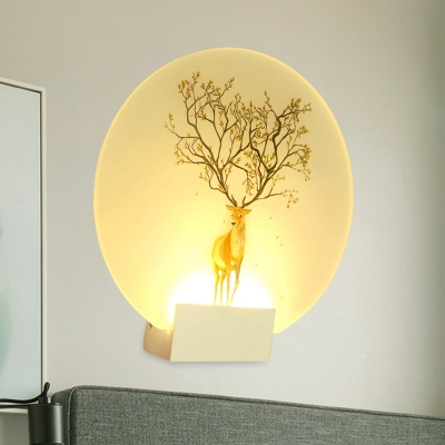 Sika Deer Patterned Disc Wall Lamp Nordic Acrylic White LED Wall Mural Lighting for Bedroom