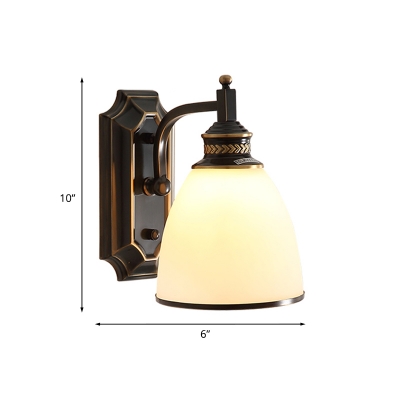 Single-Bulb Bell Wall Lamp Minimalist Black and Gold Milk Glass Sconce for Dining Room