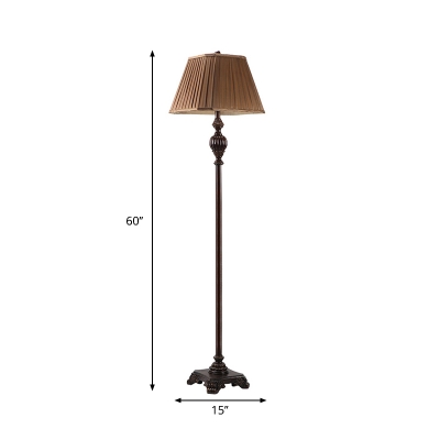 Single Floor Standing Lamp with Conic Shade Pleated Fabric Antiqued Parlour Floor Lighting in Brown