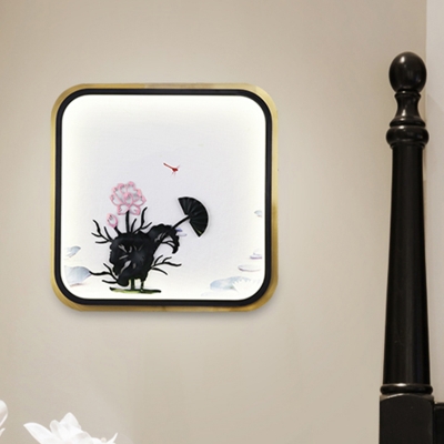 Square/Rectangle Wall Sconce Light Chinese Metallic Black and Gold LED Mural Lamp with Lotus Pattern
