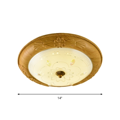 Textured Glass Bowl Ceiling Mounted Lamp Country Style LED Bedroom Flush Lighting in Yellow-Brown, 14