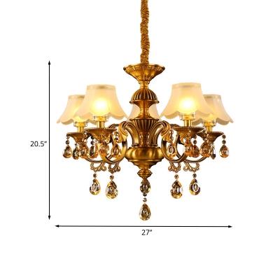 Traditional Wide Flared Scalloped Pendant 5 Bulbs Frosted White Glass Chandelier Lighting in Gold for Dining Room