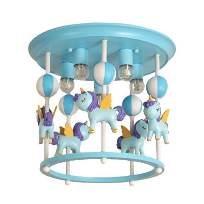 Unicorn Flush Light Fixture with Carrousel Design Cartoon Resin 6 Bulbs Blue/Pink Flush Mount