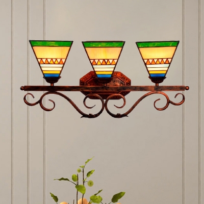 Weathered Copper Scroll Wall Lamp Baroque 3 Heads Iron Sconce Light with Bell Blue/Green Glass Shade