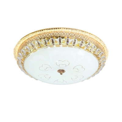 White Glass Bowl Flush Mount Minimalistic Bedroom LED Ceiling Mount Light in Gold with Crystal Edge