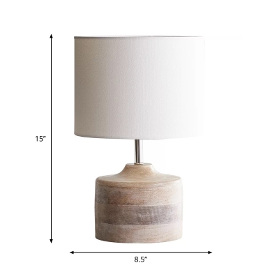 Whitewash Wood Stout Table Lamp Cottage 1 Bulb Bedroom Nightstand Light with Fabric Shade in White