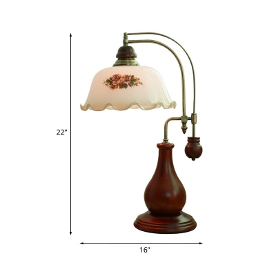Wood Vase Night Stand Light Rustic 1 Head Dining Room Table Lamp in Brown with Flounce-Trim Opal Glass Shade