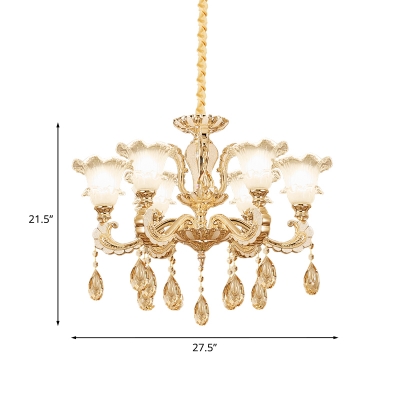 1 Bulb Frosted Glass Suspension Light Mid-Century Gold Flower Dining Room Chandelier Lamp