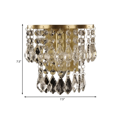 2-Layer Crystal Pendalogues Flush Mount Country Style 1 Light Living Room Wall Lamp in Brass