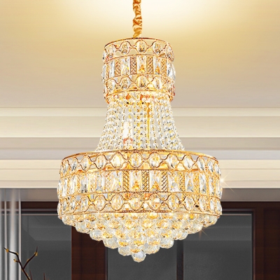 2-Layer Living Room Suspension Light Traditional Clear Crystal 5 Lights Gold Finish Chandelier