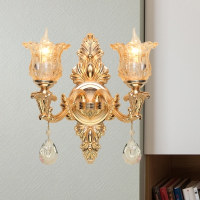 2 Light Wall Mount Lighting Mid Century Flower Amber Crystal Glass Wall Lamp in Gold