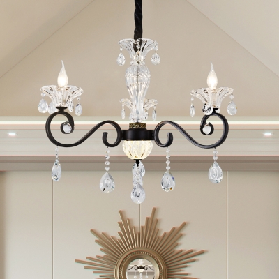 3-Head Candlestick Chandelier Lamp Modernist Transparent Crystal Suspension Lighting with Black Swirling Arm