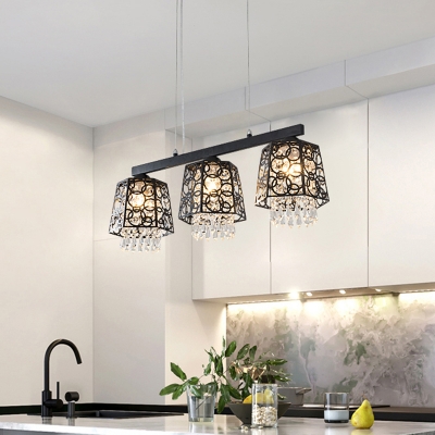 3-Head Dining Room Island Lamp Contemporary Black Finish Crystal Hanging Light Kit with Geometry Metal Shade