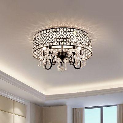 4-Head Semi Flush Chandelier Modern Bedroom Ceiling Light with Drum Crystal-Octagon Frame in Black