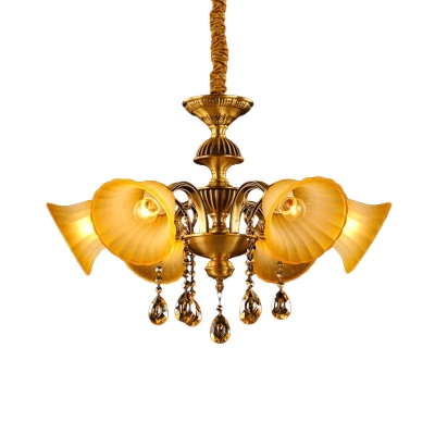 6 Bulbs Hanging Light Fixture Mid Century Bell Yellow Glass Chandelier Lamp in Brass