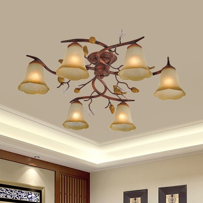 6-Head Semi Mount Lighting Country Branch Metallic Close to Ceiling Lamp with Flower Umber Glass Shade in Red Brown