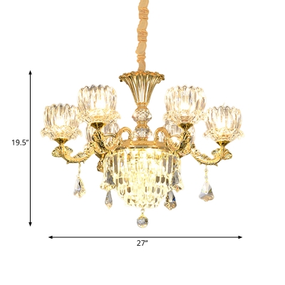 6 Lights Ceiling Chandelier Modern Bedroom Pendant Lamp with Flowerbud Crystal Shade in Gold