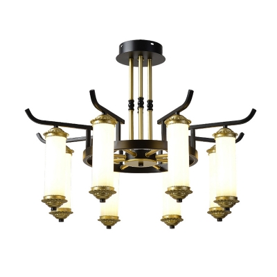 8/10 Bulbs Opal Glass Hanging Chandelier Vintage Black and Gold Tube Living Room LED Pendant with Wheel Design